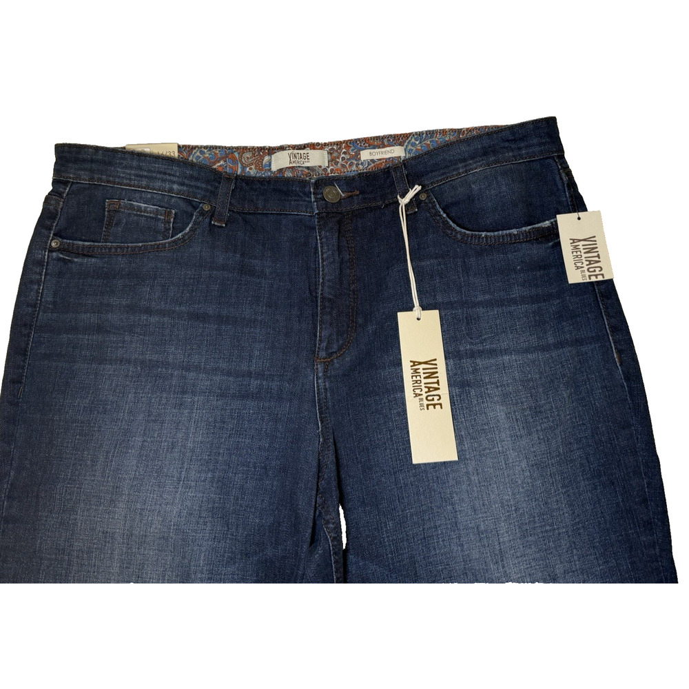 Vintage America Blues Boyfriend Jeans Women 16/33 Dark Wash Cuffed Stretch - Picture 7 of 8